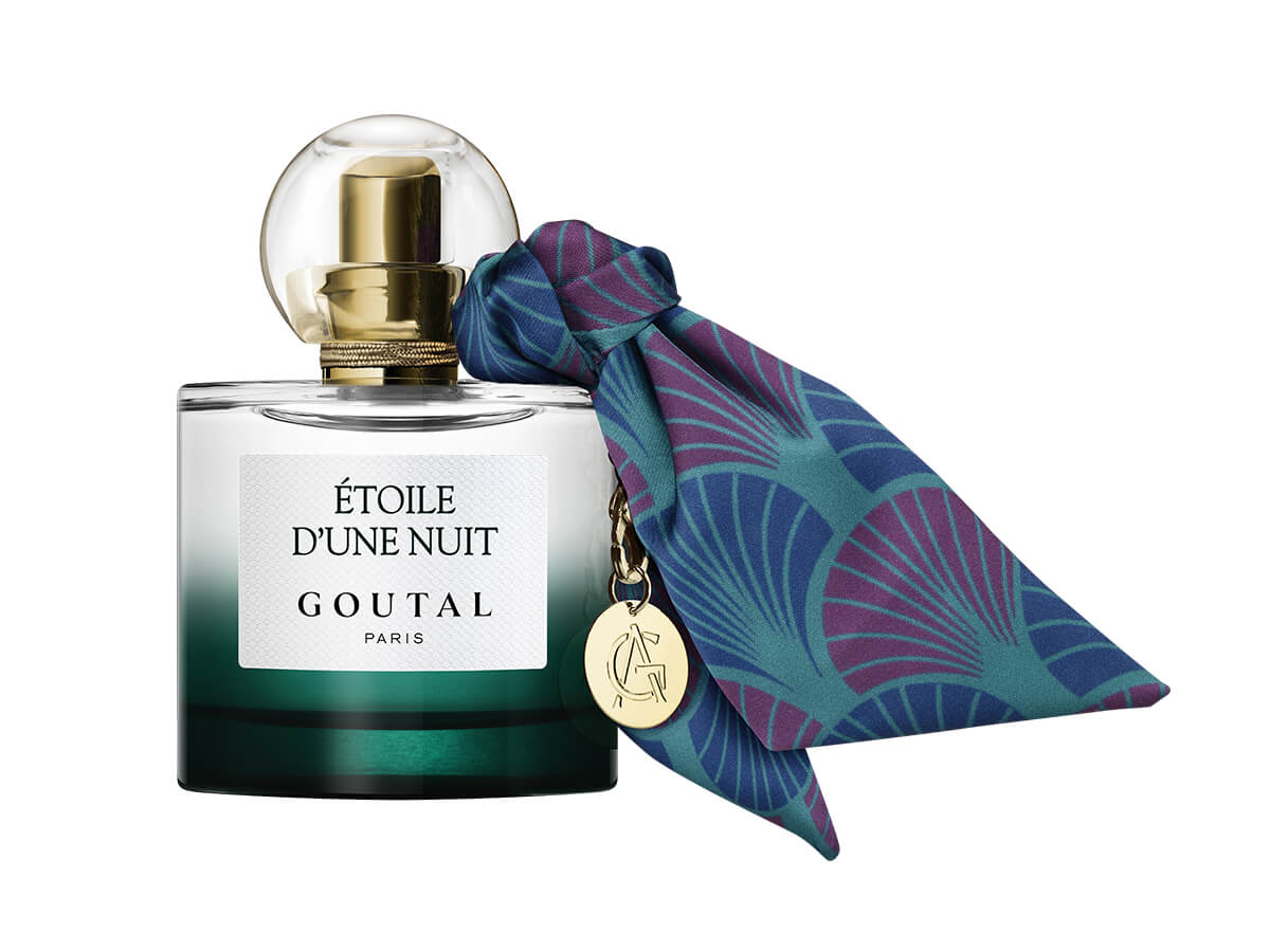 foulard, impression numérique et transfert par sublimation, découpé et cousu manuellement, pampille en laiton, étoile d'une nuit de Goutal